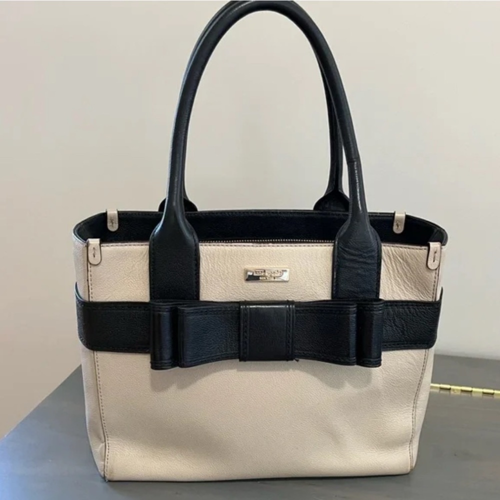 KATE SPADE QUINN VILLABELLA AVENUE BLACK/CREAM LEATHER BOW TOTE BAG